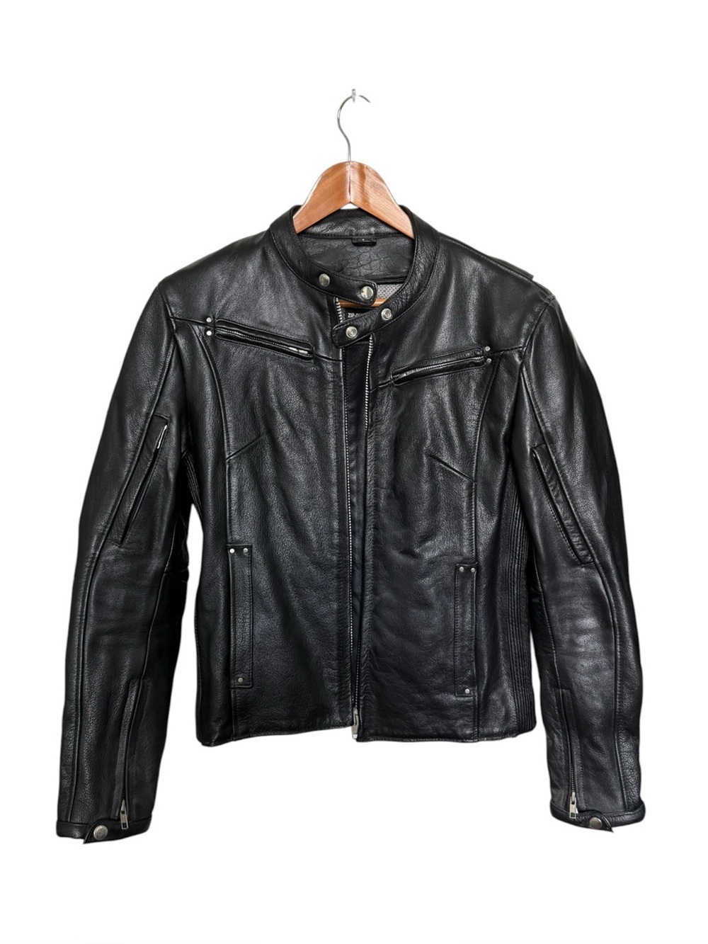 XElement Black Genuine Leather Motorcycle Jacket Womens Moto Armor Zip Liner L
